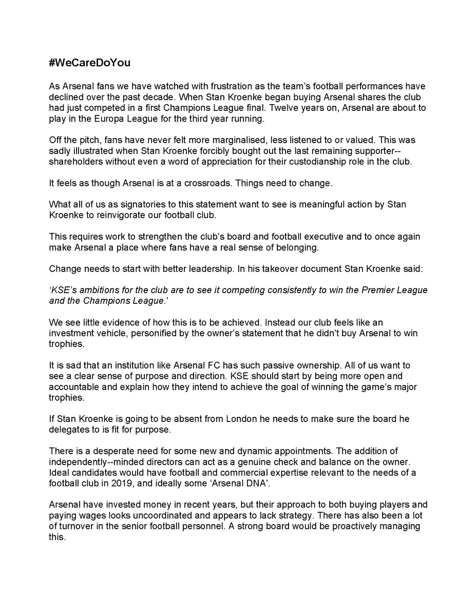 AST_arsenal's tweet photo. #WeCareDoYou - #Arsenal fans are asking for the board to be strengthened, improvements in the match day experience to give our players that needed boost and a firm NO to the proposed European super league. https://t.co/HeQFRA187d