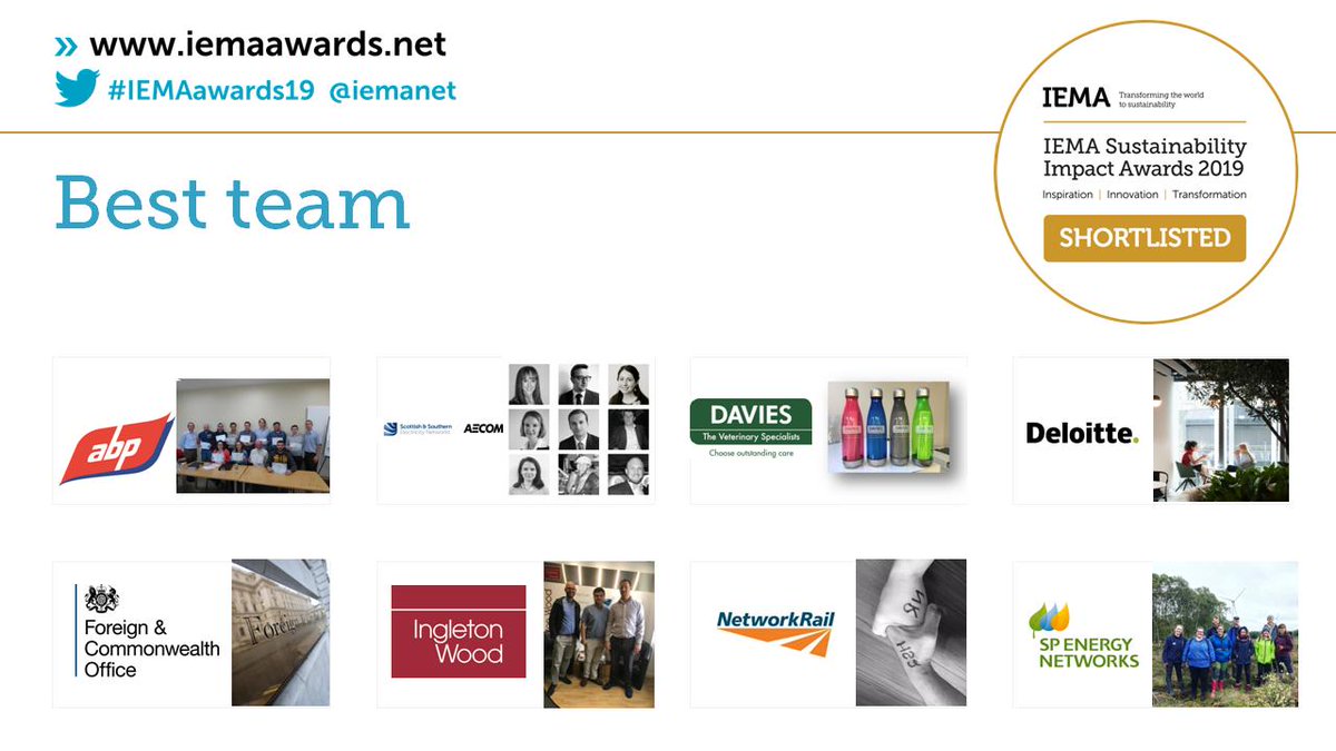 (2/2).. Best Team #IEMAawards #IEMAshortlist

#BeyondPlastic Taskforce @foreignoffice
Sustainability Team @IngletonWood
On Network Works Environment Team @networkrail
Sustainability Team @SPEnergyNetwork

Good luck to you all!