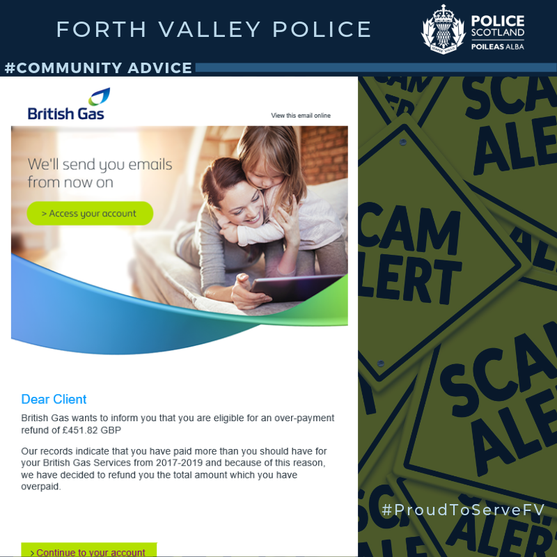 PSOSForthValley's tweet photo. #ScamAlert - An email received by a Forth Valley resident yesterday (14/06/19). Please share with friends and family who are not on social media. Stop! Delete as this is a phishing attack.

Further advice can be found on the British Gas website linked - https://t.co/rUTPRJLxAF https://t.co/5puDmPdwLM