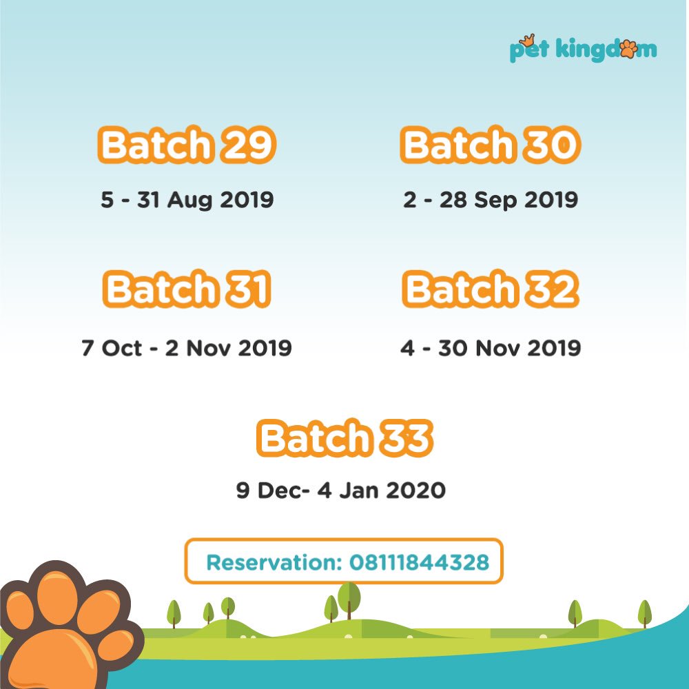 Jangan sampai kehabisan slot, ayo sekolahkan anjingmu di Pet Kingdom Dog Training. Geser fotonya untuk melihat jadwalnya sepanjang tahun 2019 ini. 

Hubungi 08111-844-328 untuk reservasi dan informasi selengkapnya.