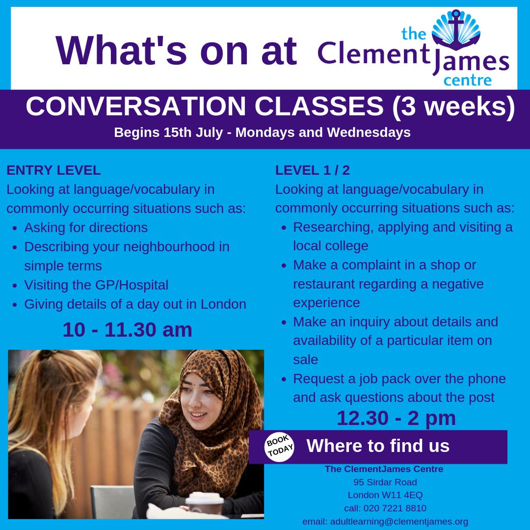 ClementJames's tweet photo. TODAY 10 - 11.30am
Come and sign up for our Conversation Classes today - for 3-weeks.
Entry level and level 1/2 
Pop into 95 Sirdar Road, W11 4EQ to register.
#conversationclasses #mondaymotivation #northkensington https://t.co/k25cn7cLKc