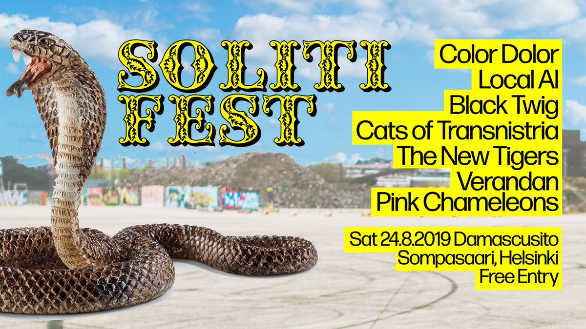 Solitimusic's tweet image. SOLITI FEST 2019 IS ON! THE HAPPENING TAKES PLACE ON 24.08.2019  at Damascusito, Sompasaari, Helsinki 
LIVE: @blacktwigmusic, @CatsOfTrans, @ColorDolor, @LocalAl2 , @thenewtigers , Pink Chameleons and Verandan .
FREE ENTRY &amp;amp; BY THE SEA bit.ly/2LNMKOC