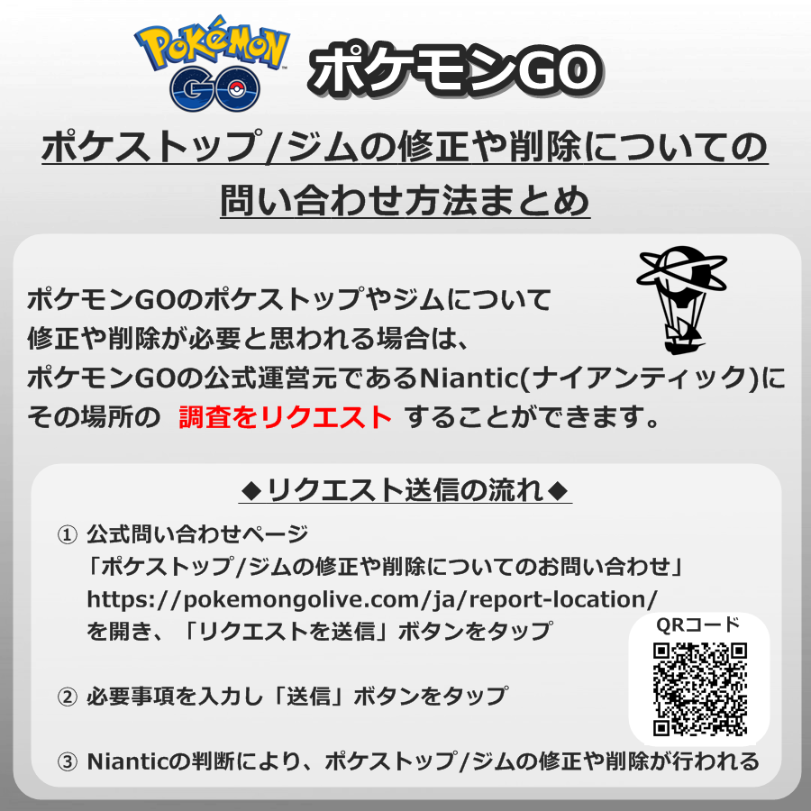 ポケモンgo攻略情報 ポケマピ Auf Twitter ポケストップ ジムの修正や削除について 店舗などの所有地付近のジムでは特に 人が集まりやすくお困りの声もあがっています 問い合わせ方法を画像にまとめたので 周りにお困りの方がいればぜひお伝えください ジム