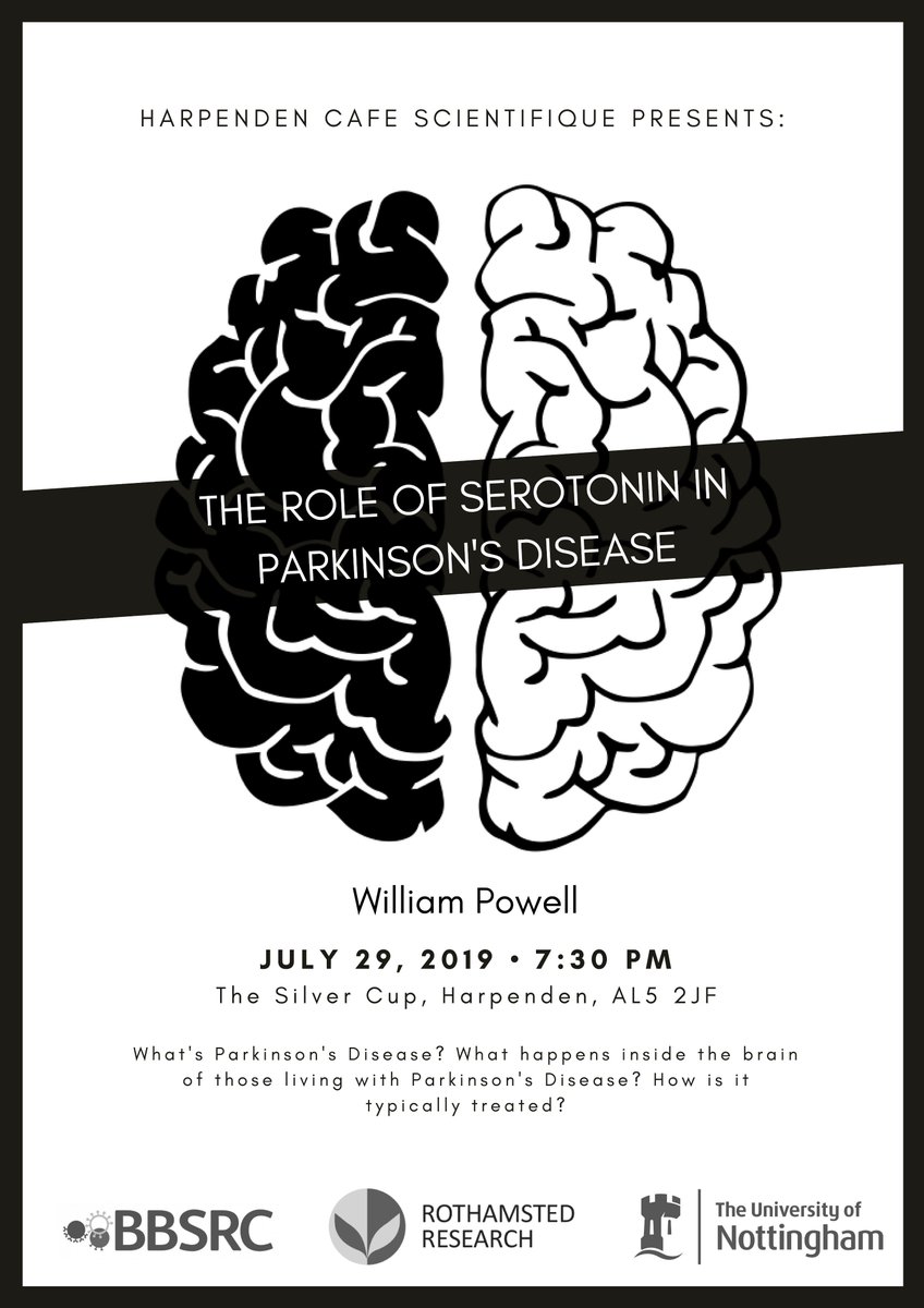 CSHarpenden's tweet image. Please join us for the July edition of Cafe Scientifique! This month we have William Powell of the @UniofHerts, who will be presenting his research into treating Parkinson's Disease.