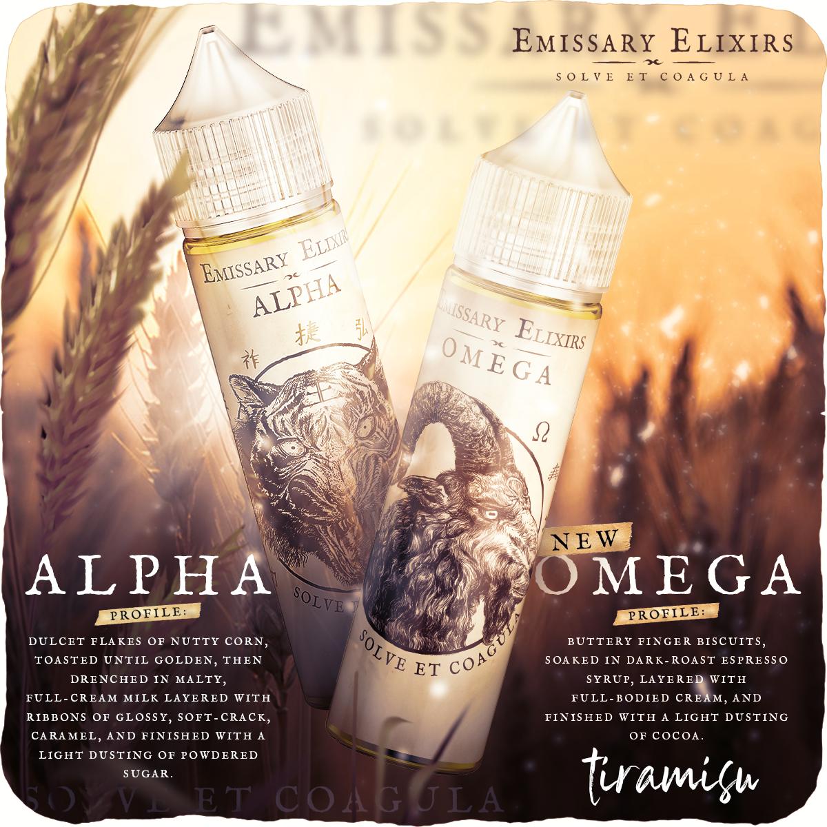 Alpha &amp; Omega, a delicious winter pairing, will be available nationwide very soon! 
#emissary #elixirs #eliquid #vapers #vape #omega