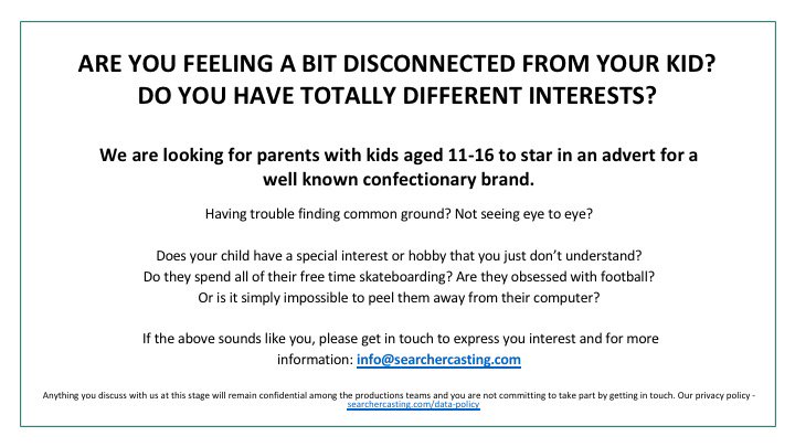 ce_charlton's tweet photo. @BritMums I'm looking for mums (or dads!) to star in a sponsored film. The film encourages parents feeling disconnected from their teenage kids' to reconnect with them again. We want as wide a range of authentic voices as poss, &amp; I wondered if you might be able to share?! https://t.co/7NYW1ff3hv