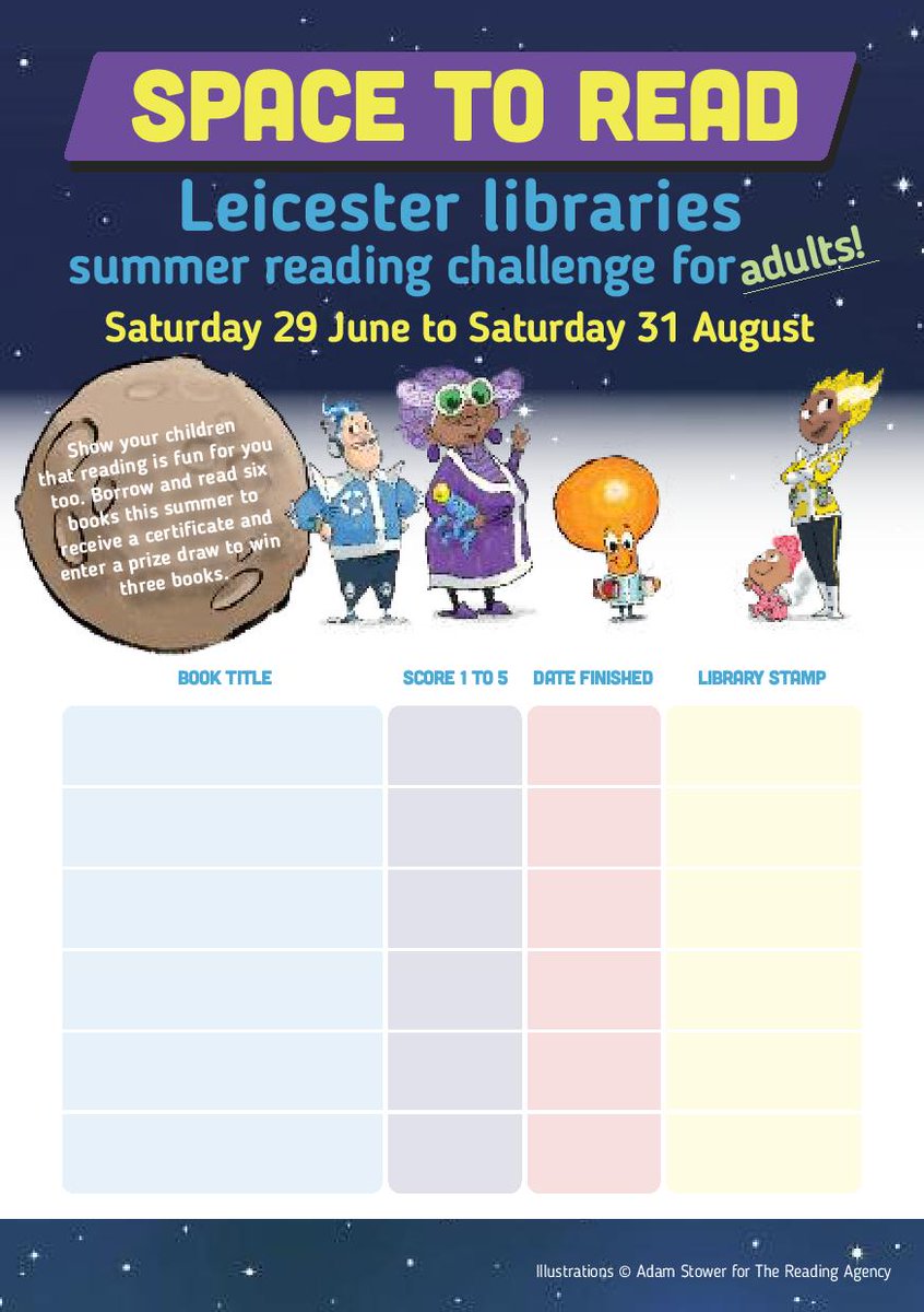 leicesterlibrar's tweet photo. We've not forgotten #Leicester #Library adult members this summer. #SpacetoRead is our adult #SummerReadingChallenge, read & rate 6 books to be entered into a prize draw for your chance to win 3 books. Collect a form from your local library & get reading! https://t.co/ln3fUTfR4m