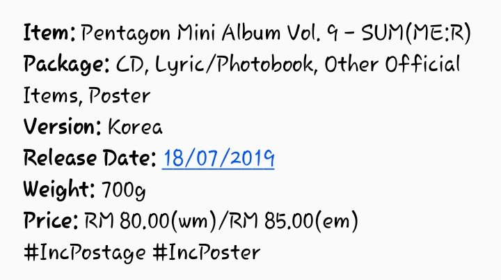 KGroupOrderMY's tweet photo. [MY GO]

#PENTAGON 9th Mini Album - SUM(ME:R)
Price: RM 80.00 (wm)/RM 85.00 (em)
#IncPostage #IncPoster

To order: https://t.co/aM1Hemp8ew https://t.co/virvQ1sauo