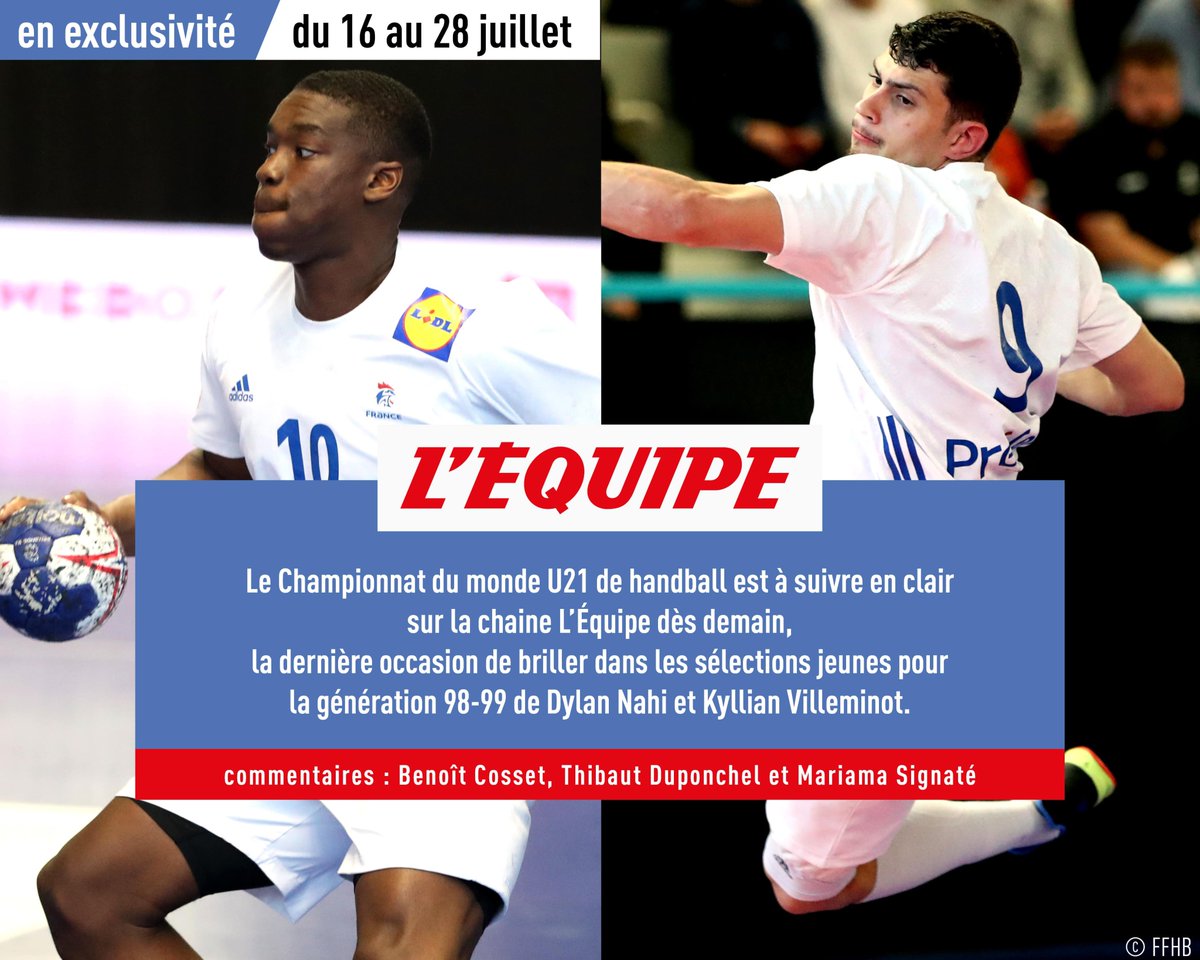 lachainelequipe's tweet image. 🤾‍♂️Le Mondial U21 de handball, c'est à suivre sur @lachainelequipe dès mardi à partir de 18h45 avec France - Nigéria !

#lequipeHAND