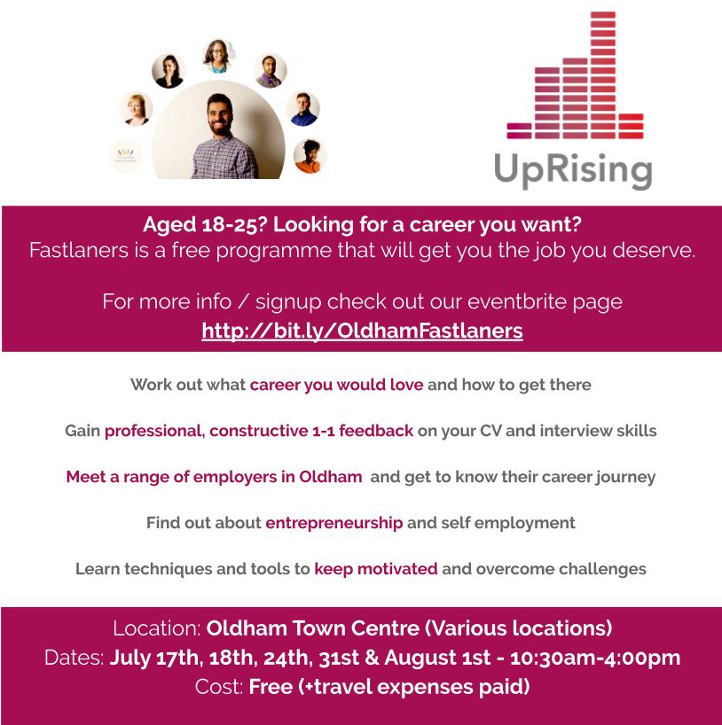 UpRising_MCR's tweet photo. Aged 18-25? Want a #job? Our next #Fastlaners employability programme in #Oldham is on Wednesday! Sign up here: https://t.co/DnU9YEq5dw  
You'll get 5 days with experts and professionals including  @OldhamCouncil @EmployOldham @PositiveSteps @LeadershipTSBiz and more! https://t.co/1AErQKl9th