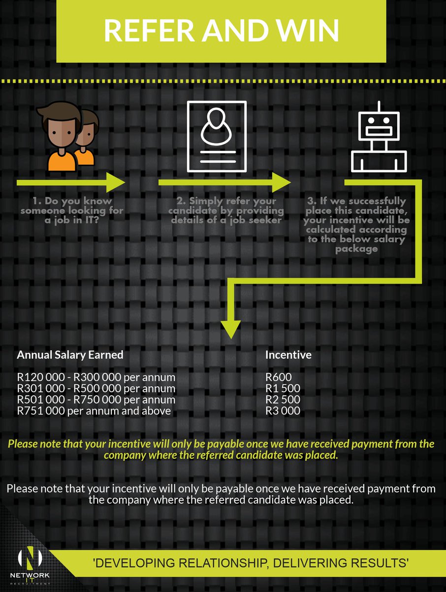 Refer a developer OR IT Professional to me and if we place them there is a cash incentive for you. 
networkrecruitment.co.za/refer-and-win
#incentive #makemoney #javascript #Csharp #Developer #Software  #Itrecruitment
<a href="/LittleAnietha/">Anietha Little</a> <a href="/tumelo2013/">Tumi Ndlovu</a> <a href="/Lara_Pienaar/">Lara Rea</a> <a href="/NRecruitment/">Network Recruitment</a>