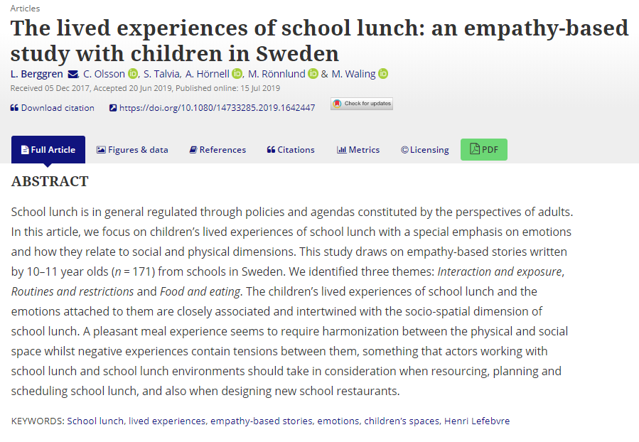 ChildrensGeogs's tweet photo. *NEW PAPER* L. Berggren, C. Olsson, S. Talvia, A. Hörnell, M. Rönnlund &amp; M. Waling on the lived experiences of school lunch, empathy and children's spaces

https://t.co/F5vxxIoYD7 https://t.co/39ZljGsanS