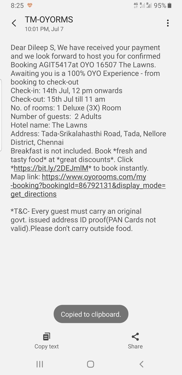 <a href="/oyorooms/">OYO</a> <a href="/OYO4U/">OYO4U</a> <a href="/riteshagar/">Ritesh Agarwal</a>
Part 1 (read fully) - Horrible experience, unprofessional, irresponsible
- Hotel booked Jul 7, full paymnt done. Got conf mail &amp; sms. Booking Id : AGIT5417
- On checkin day, tried calling Oyo Capt many times, no reponse.train delayed, wanted to inform