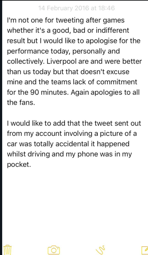 Never forget Joleon Lescott tweeting this picture of a sports car just after Aston Villa had been thrashed 6-0 at home by Liverpool, before going on to say that the tweet had "accidentally" been sent whilst his phone was in his pocket.