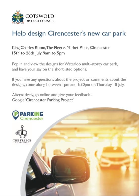 Come and have your say on how the new Waterloo Car Park in #Cirencester will look. Designs on display <a href="/The_Fleece/">The Fleece at Cirencester</a> July 15 – 26. View and vote online: socsi.in/LyAND