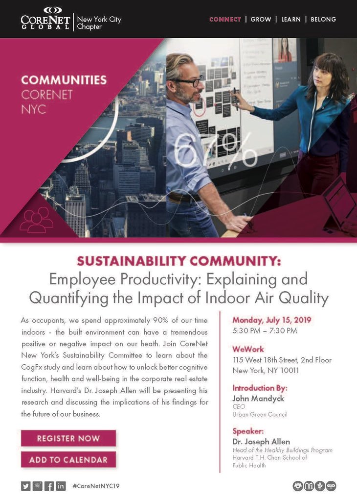 JennTaranto's tweet photo. Early start! Off to #NYC this morning. Looking forward to hearing @j_g_allen unlock the potential of employee #productivity by sharing the latest on the #CogFX study. Join me and @CoreNetGlobalNY - register here: https://t.co/UbTribXzea
#sustainability #GreenBuilding https://t.co/vdb14yEBva