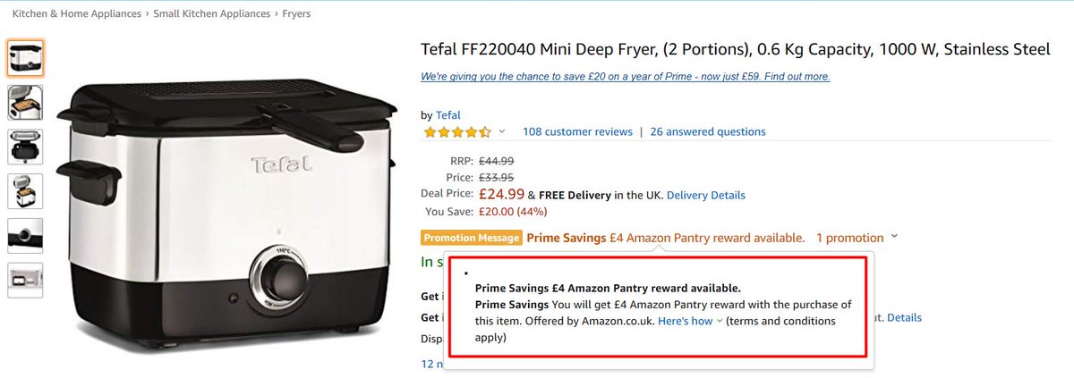 tbiddle95's tweet photo. Get added Amazon Pantry savings on Prime Day deals...
Tefal Mini Deep Fryer for just £24.99 + £4 saving at Amazon Pantry! Bargains galore! #PrimeDay #ProfiteroPrimeDayWatch #PrimeDay2019 #Profitero https://t.co/PRfcGkRoJa
