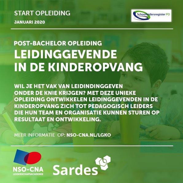 Nieuw! Samen met <a href="/SardesUtrecht/">Sardes</a> ontwikkelden wij een opleiding voor leidinggevenden in de kinderopvang. Deze opleiding start in januari 2020. Op onze site vind je meer informatie over de opleiding nso-cna.nl/lgko.
