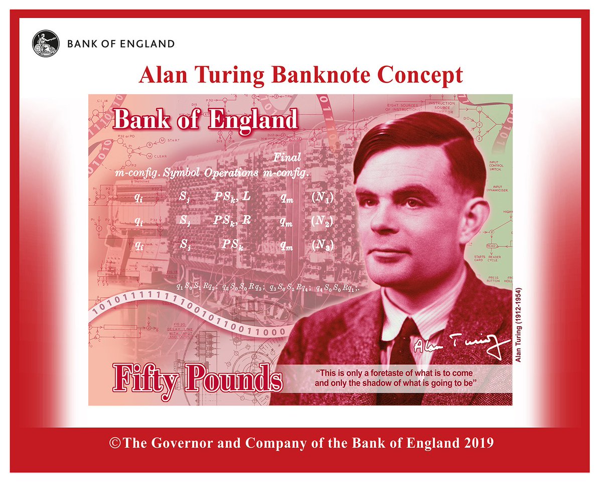 GCHQ's tweet image. We’re delighted that Alan Turing has been chosen by the @bankofengland as the face of the new £50 note.

Turing was the father of modern computing, a pioneer in #artificialintelligence and instrumental in the breaking of Enigma @bletchleypark during #WWII

#Turing50
