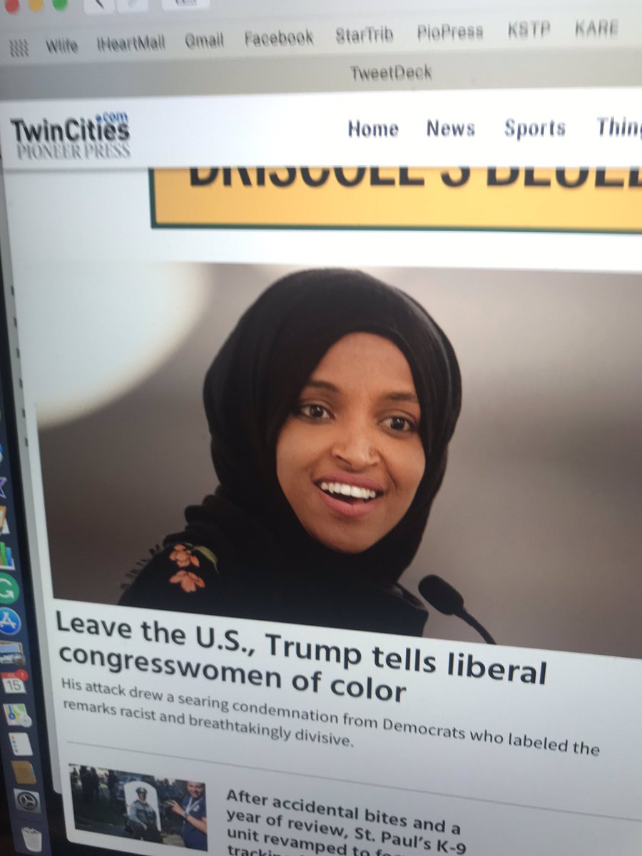 JonJustice's tweet image. Every MN news outlet ran the exact same bias and untrue @AP story about @realDonaldTrump @IlhanMN Tweets. Only @FOX9 dropped the “Of Color” but it was still the same story #FakeNews #LazyReporting
