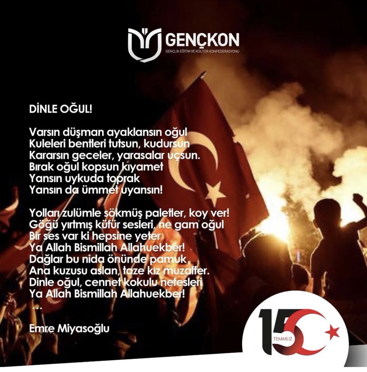 15 Temmuz Demokrasi ve Milli Birlik Gününün 3. yıl dönümünde, ülkemiz ve milletimizin tarihe geçen demokrasi duruşunda hayatını kaybeden tüm şehitlerimize rahmet diliyor, gazilerimizi  saygıyla hatırlıyoruz. Ruhları şad olsun. Rabbim rahmetiyle muamele etsin.