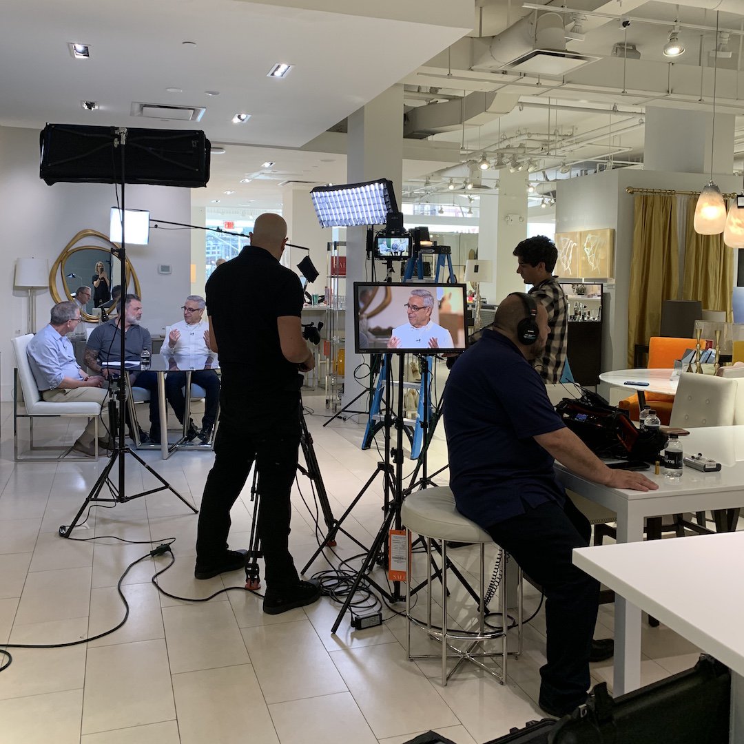 MGBWhome's tweet photo. Making It Happen: Pro setup by @depalmaproductions for our co-founders talk with @MichaelBoodro of @DeringHall in our SoHo NYC Store. Calling it the Blue Table Interview... #MGBWhome #DeringHall #interiordesign https://t.co/V6a97U0hRS
