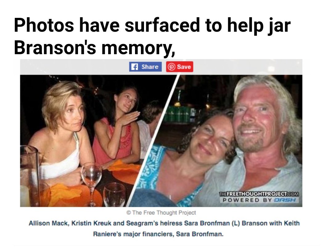 The sex-slaver NXIVM cult held seminars on Sir Richard Branson’s Necker Island in hope of recruiting him into the organisation. Branson couldn't remember them ... but others did. Neckar Island is not a thousand miles away from Little St. James, in fact it's only 34 miles!