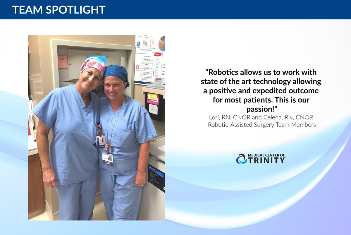 MedCtrOfTrinity's tweet image. Perioperative RNs Lori and Celena share their perspective on robotic surgery: "Our passion is keeping our patients safe from harm, speaking for them when they are unable and being their advocate." Learn more about robotic surgery here: bit.ly/2xFXrul #TrinityFL