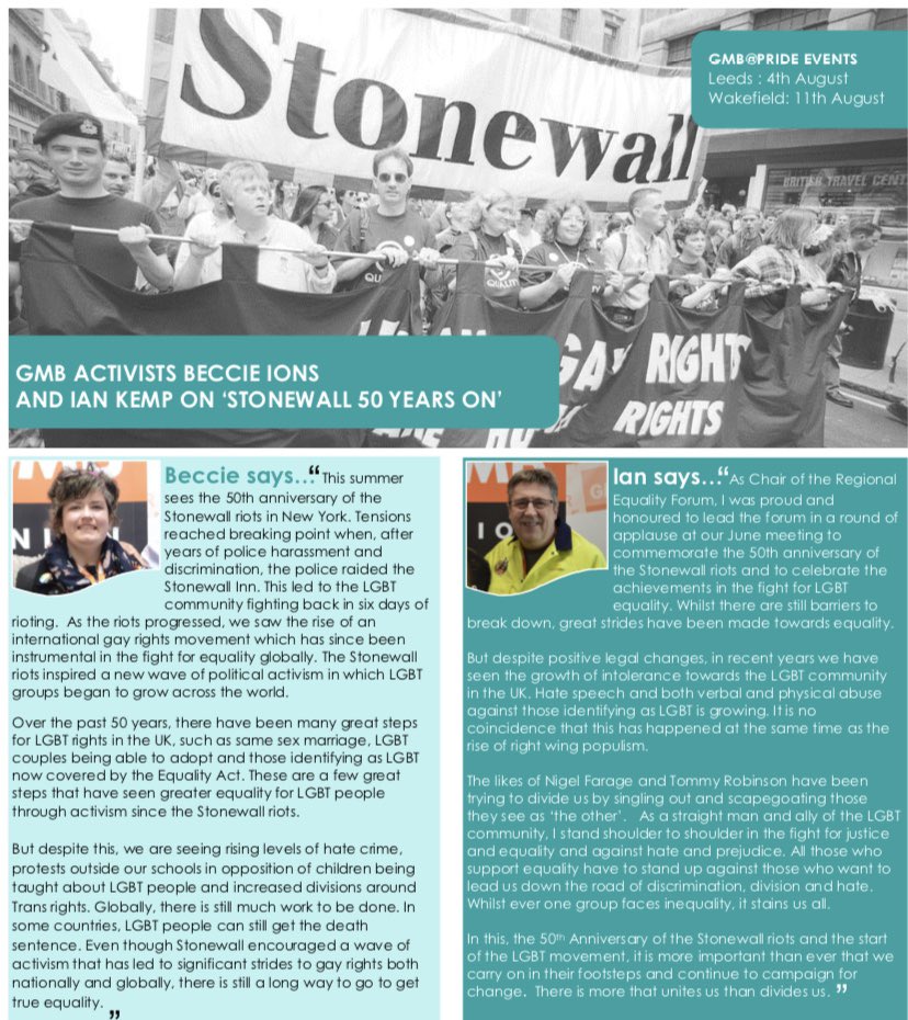 Got the recent <a href="/GMBCampaigns/">GMB Campaigns North East, Yorkshire & Humber</a> activist? Take a look at regional equalities forum chair, Ian &amp; activist @beccielouise11 articles on the significance of the #stonewall riots 50 years on.