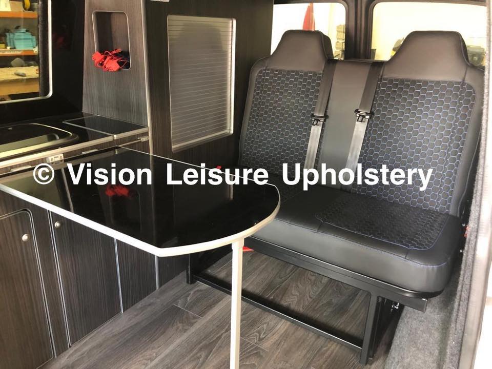 VisionLeisure's tweet image. A recent half leather interior completed for a customer including the supply and fitting of a Rusty Lee crash tested rock &amp;amp; roll bed, setting off this lovely conversion #RustyLee #VehicleUpholstery #Shropshire