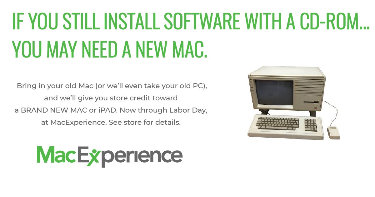 MacExpTweets's tweet image. The MacExperience Summer Swap makes upgrading to something newer super easy. Just bring in your old Mac (or we’ll even take your old PC), and we’ll give you store credit toward a BRAND NEW Mac or iPad!