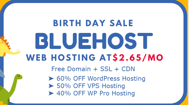 updatedreviews's tweet image. #BLUEHOSTBIRTHDAYSALE. UP TO 60% OFF #WebHOSTING AND MORE: bit.ly/2t2ZlTE
 Offer include Free #Domain name, #SSL certificate, site builder, daily #backups, 1-Click #WordPress Install &amp;amp; more bit.ly/32r9l9B limited time offer.
#Bluehostannualbirthday