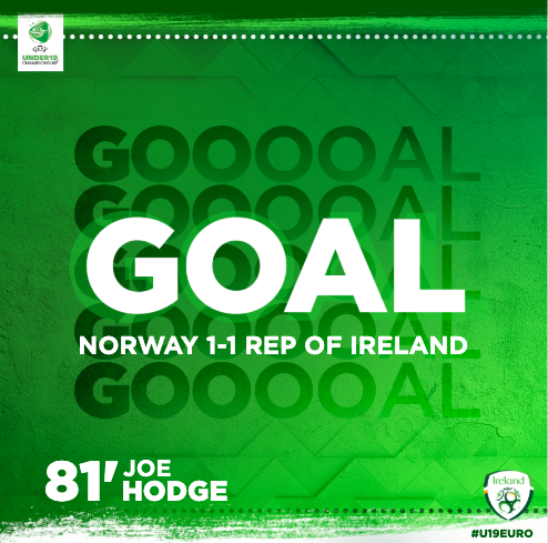 IrelandFootball's tweet photo. 81 Minutes | 🇳🇴 1-1 🇮🇪 #NORIRL

A cross from Ali Reghba finds its way into the path of debutant Joe Hodge and he drills in a deserved goal https://t.co/J6eGcDyWFX