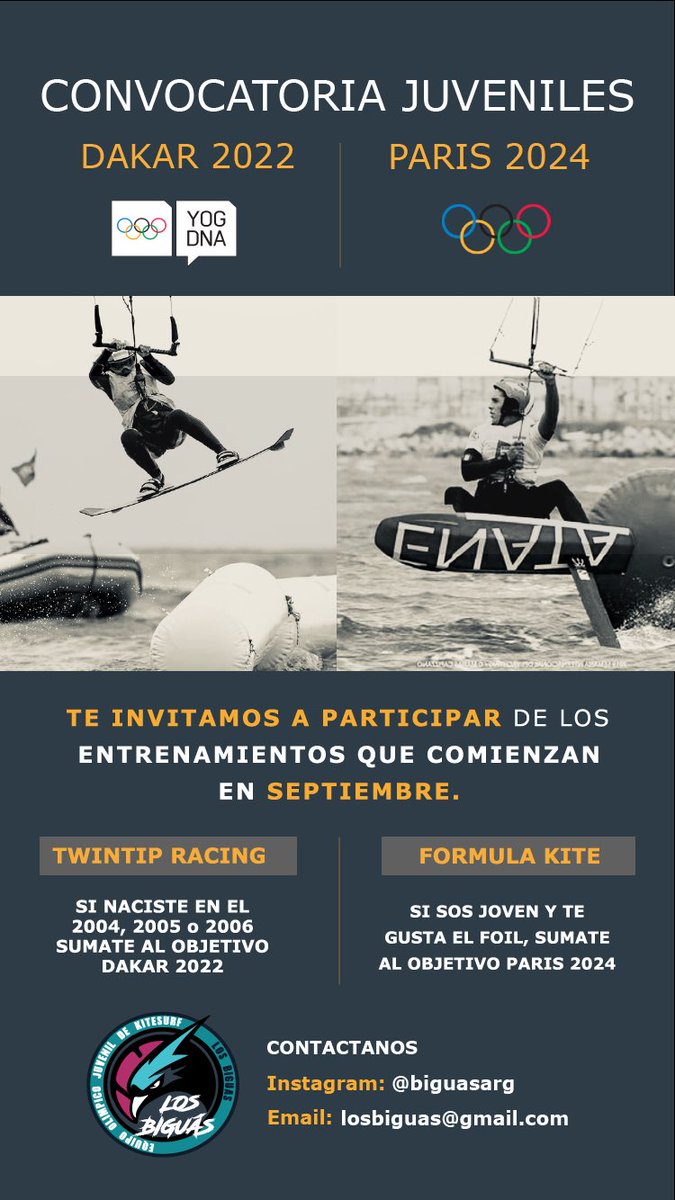 BiguasArg's tweet photo. CONVOCATORIA A JUVENILES DEL KITE 🇦🇷
DAKAR 2022 / PARIS 2024
En septiembre iniciamos nuestro calendario de entrenamientos. Te invitamos a participar del 16 al 23 de septiembre en Buenos Aires. 
Tenemos dos objetivos por delante.
¡Contáctanos para más información! https://t.co/CAK55EZq6g