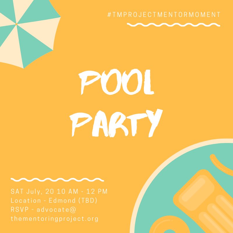 TMProject's tweet image. OKC mentors - let's cool off in the pool this summer! Join us for our July 2019 #TMProjectMentorMoment as we host a private pool party. #MentorMoment #Mentor #TMProject #TMP #TMPOKC #EveryChildDeservesAMentor #Summer #Swimming