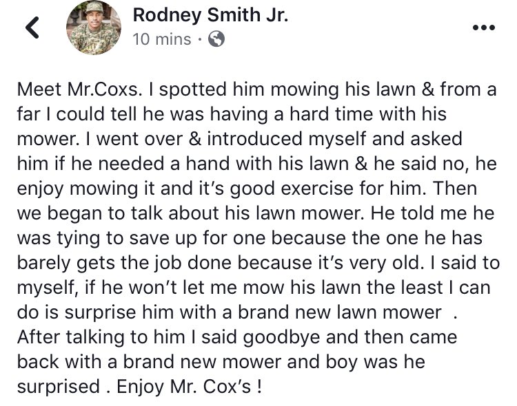 iamrodneysmith's tweet image. Meet Mr.Coxs. I spotted him mowing his lawn &amp;amp; went over to see if he needed help, he said No and that he enjoys mowing it. He mentioned he needed a new mower, so  after talking we said our goodbyes and  I came back &amp;amp; surprised him with a brand new one . He was very surprised