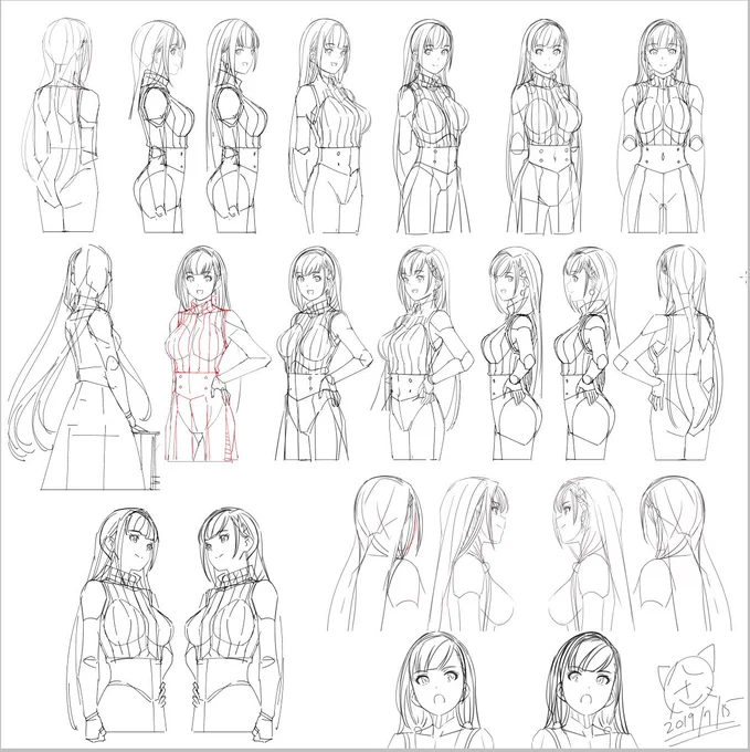 漫画用の設定画ってホントはこんな感じなのです。特にママは髪型が難しいから作画資料が沢山。これを描いた時点で絵的なウソがだいぶ削られて初稿とは雰囲気が違う感じになっとります。 