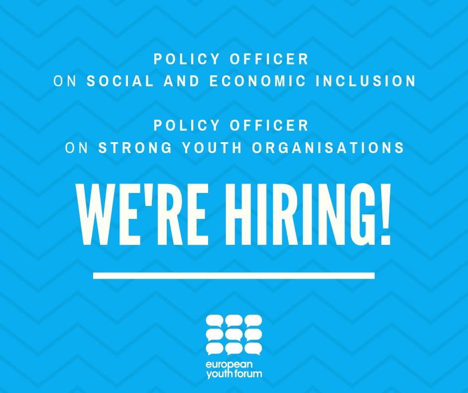We're hiring!
We are looking for 2 new colleagues to join our team and fight with us #ForYouthRights:
- 1 policy officer on Social &amp; Economical Inclusion
- 1 policy officer on Strong Youth Organisations
Deadline: 01 September, 2019 🗓️
Info &amp; applications: recruitment.youthforum.org/vacancies