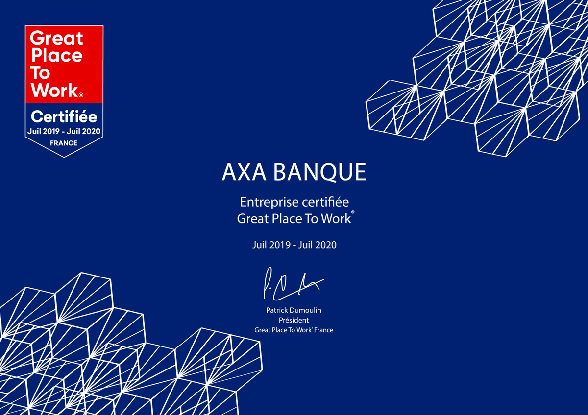 GPTW_FRANCE's tweet photo. Félicitations à @AXA_Banque qui fait désormais partie des organisations #CertifiéesGPTW ! En savoir plus : https://t.co/49nfq3LVLx https://t.co/oFNjzI2PIv