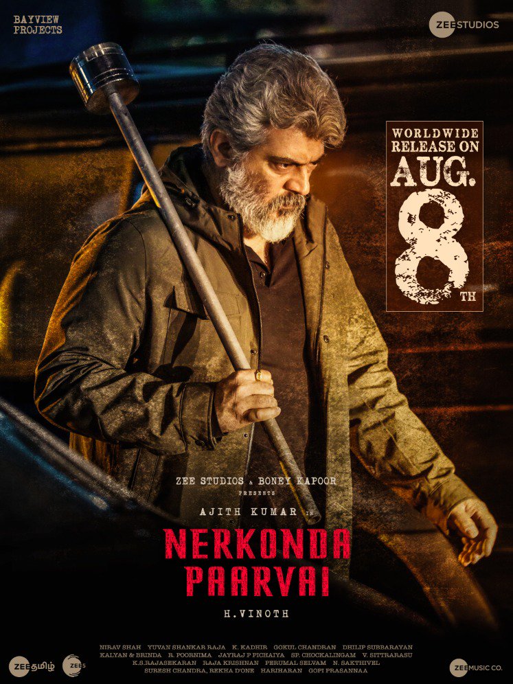 nerkondapaarvai's tweet photo. #NerKondaPaarvai will release Worldwide on August 8th. 

#NerKondaPaarvaiFromAug8 

#Ajithkumar @BoneyKapoor @ZeeStudiosInt #HVinoth #BayViewProjects @SureshChandraa @ShraddhaSrinath @thisisysr @nirav_dop @dhilipaction @RangarajPandeyR @ProRekha @DoneChannel1 https://t.co/1o2FJKo3mp