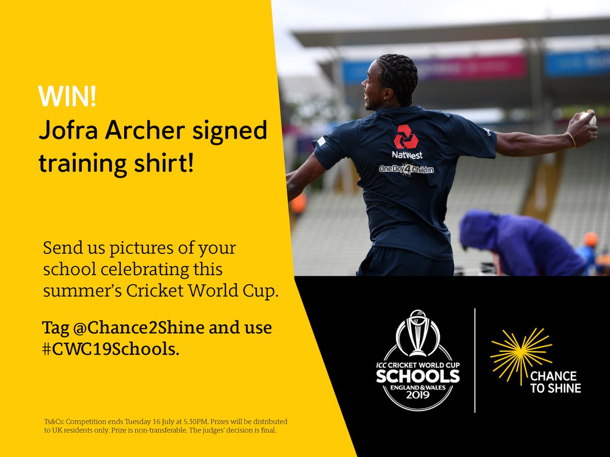 Chance2Shine's tweet photo. Well that was remarkable!
Let us know how your school is celebrating the @cricketworldcup triumph and you could win a shirt signed by @JofraArcher π₯
Need some ideas? Try the FREE celebration pack on our Schools' Portal π https://t.co/fsPZwHtXB0 #CWC19Schools https://t.co/sPEdukOUHI