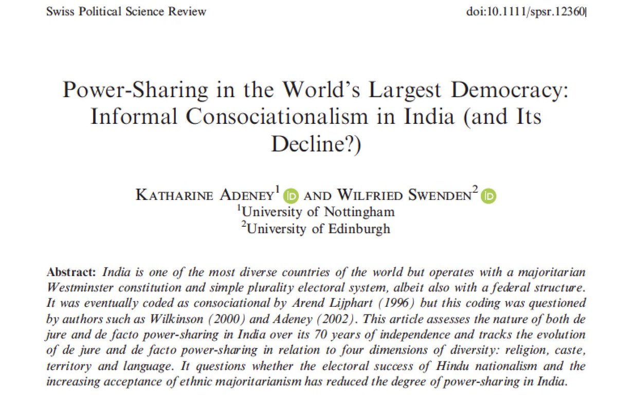KatAdeney's tweet image. Extremely pleased that @wileypolitics have made our new article on #India free to view for two weeks. Even better however, there is now free access to a read version of the PDF in perpetuity at rdcu.be/bKrDK #LokSabha #PowerSharing #Lijphart #IndianCabinet #NewData