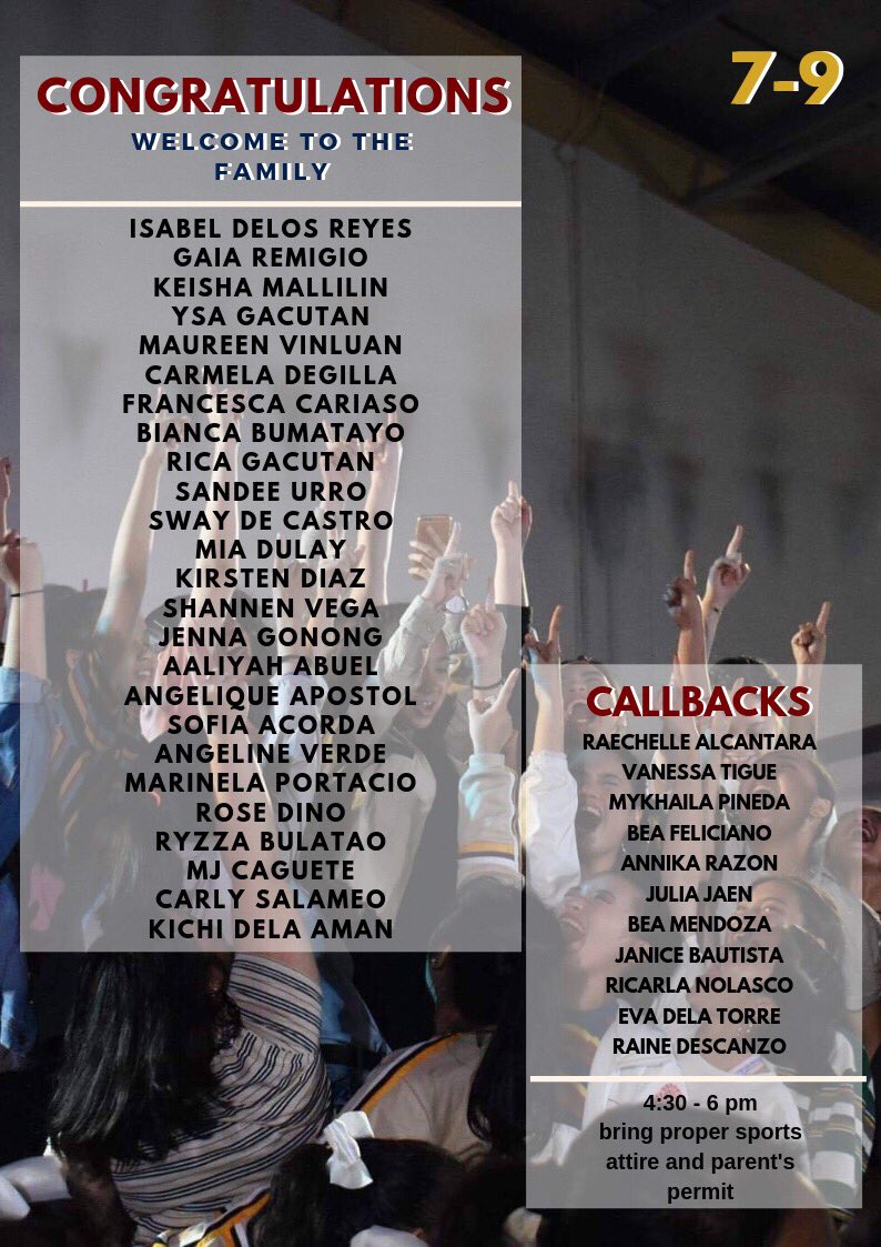 SHSAglaia's tweet photo. CONGRATULATIONS!

Here are the results of the dance club 7-12 auditions. Welcome to the family ❤️💛

For callbacks, the details are posted below. See you at the pe room tomorrow! 💃 https://t.co/OmDlJzVWMa