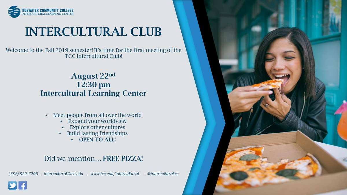 IntCulturalTCC's tweet photo. It's almost time for the 1st Intercultural Club meeting of the fall.

Help the Intercultural Club select new 2019-20 officers and plan activities for the year. Domestic and international students are welcome. Everyone is! 

Oh...and we'll have free pizza there! https://t.co/5tecrKLbhg