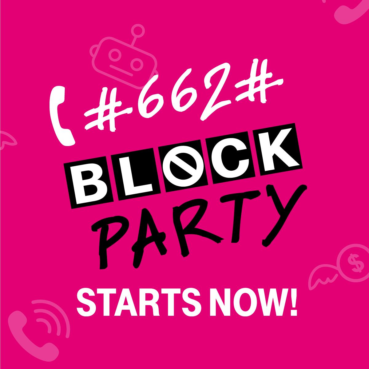 TMobile's tweet photo. 🎉 #ScamBlockParty starts NOW! 🎉 

Dial #662# to turn on Scam Block. Tag your friends, family, your pets (if they somehow evolved opposable thumbs to use a phone). Share your screenshots below and tag #ScamBlockParty. Let the party begin!  👇 https://t.co/kTdVwEu8cH