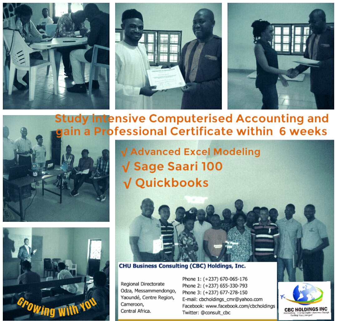 consult_cbc's tweet photo. Study intensive Computerised Accounting and obtain a professional certificate in 6 weeks with Chu Business Consulting Inc. Cameroon. #YourAccountingGateway #CBCHoldingsInc #SageSaari #YourDevelopmentPartner #GrowingWithYou #ComputerisedAccounting https://t.co/XFZtqmmKY1