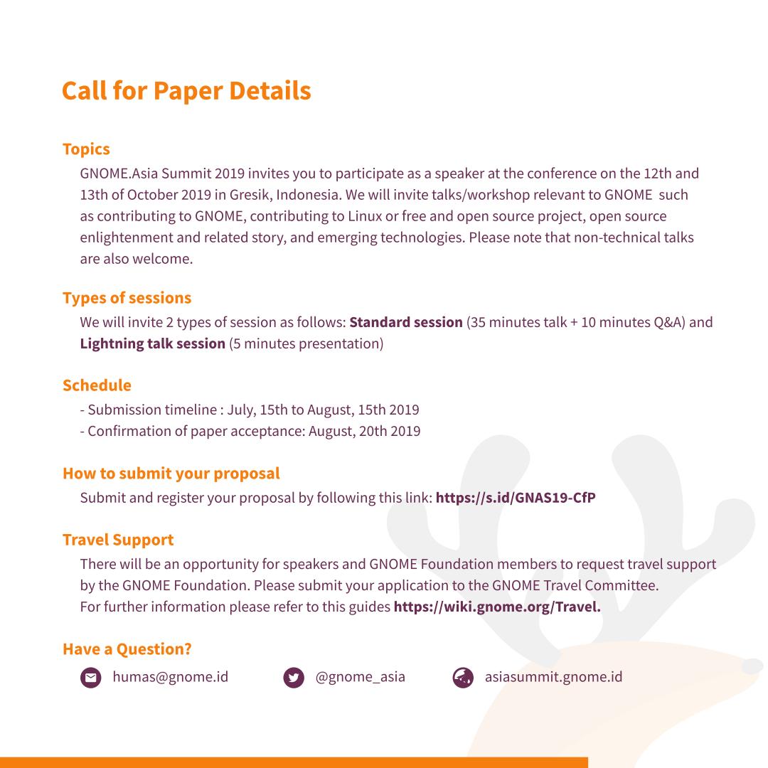 GNOME_ID's tweet image. Punya ide menarik untuk dibagikan di @gnome_asia Summit 2019? Yuk, kirim papermu sebelum 15 Agustus 2019 ke s.id/GNAS19-CfP.
Selain bisa jadi pembicara di ajang bergengsi se-Asia, kamu juga berhak untuk mengajukan subsidi biaya perjalanan, lho. 

Sampai jumpa di Gresik!