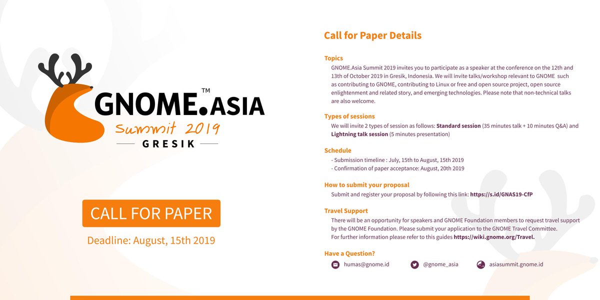 GNOME_ID's tweet image. Punya ide menarik untuk dibagikan di @gnome_asia Summit 2019? Yuk, kirim papermu sebelum 15 Agustus 2019 ke s.id/GNAS19-CfP.
Selain bisa jadi pembicara di ajang bergengsi se-Asia, kamu juga berhak untuk mengajukan subsidi biaya perjalanan, lho. 

Sampai jumpa di Gresik!