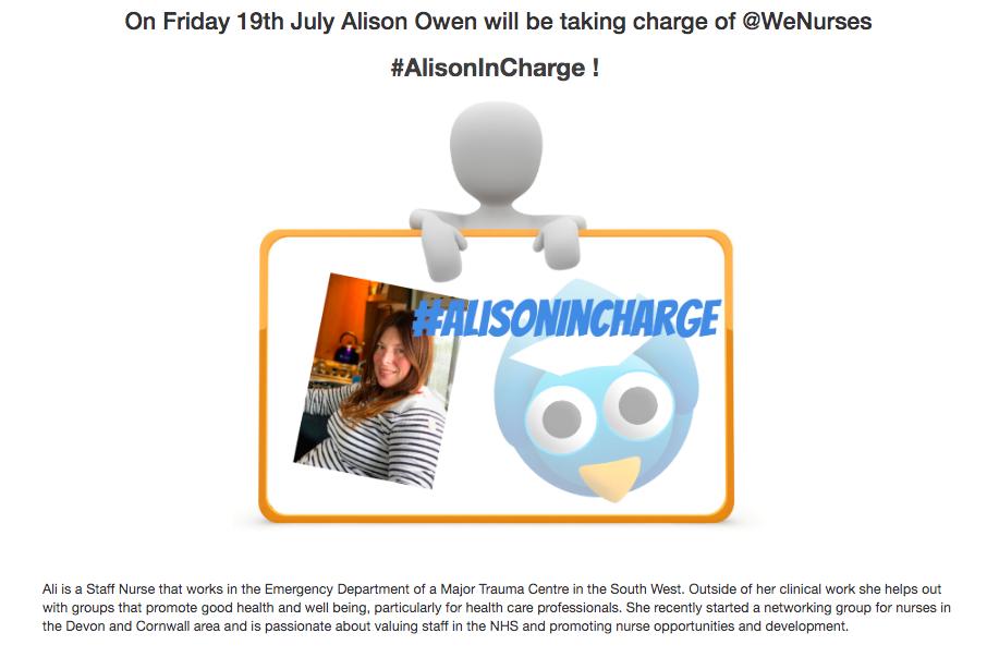 WeNurses's tweet photo. On Friday WeNurses will be taken over by @nursealio #AlisonInCharge .... we will be handing over the WeNurses keys from 7am :D https://t.co/aZl3P6JnBT