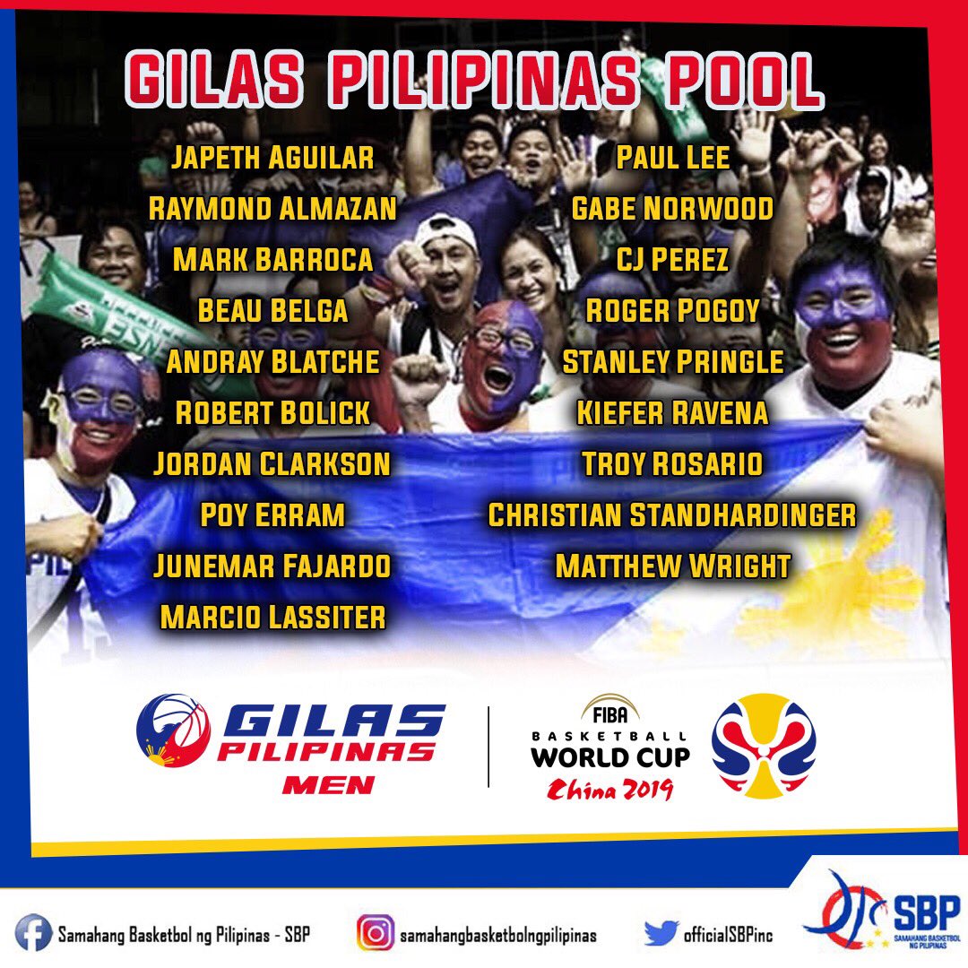 officialSBPinc's tweet image. Bayan! Your #GilasPilipinas Pool who will go all in #ParaSaBayan! 

#SBP #LabanPilipinas #FIBAWC